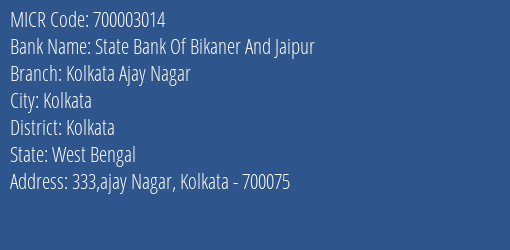 State Bank Of Bikaner And Jaipur Kolkata Ajay Nagar MICR Code