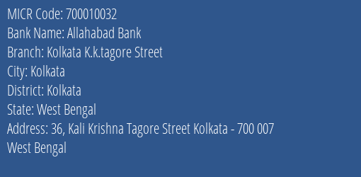Allahabad Bank Kolkata K.k.tagore Street MICR Code