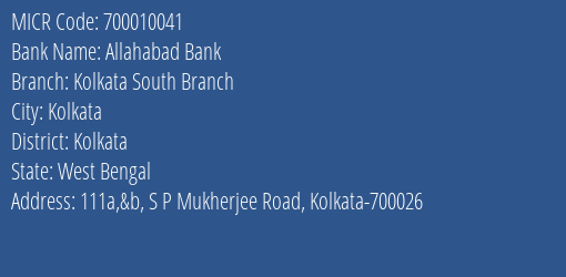 Allahabad Bank Kolkata South Branch MICR Code