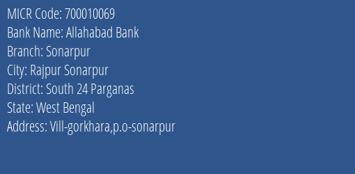 Allahabad Bank Sonarpur MICR Code
