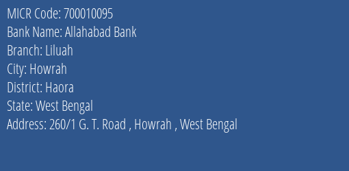 Allahabad Bank Liluah MICR Code