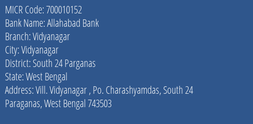 Allahabad Bank Vidyanagar MICR Code