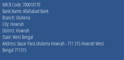Allahabad Bank Uluberia MICR Code