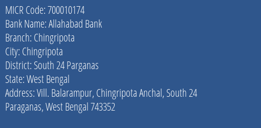 Allahabad Bank Chingripota MICR Code