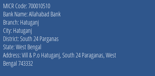 Allahabad Bank Hatuganj MICR Code