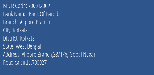 Bank Of Baroda Alipore Branch MICR Code