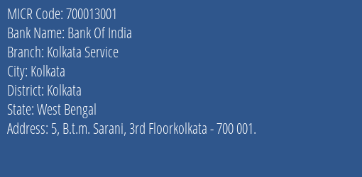Bank Of India Kolkata Service Branch Address Details and MICR Code 700013001