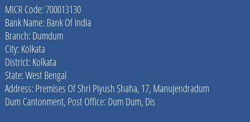Bank Of India Dumdum Branch Address Details and MICR Code 700013130