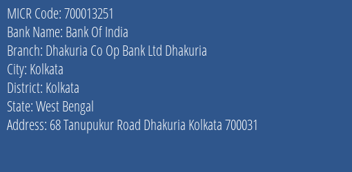 Bank Of India Dhakuria Co Op Bank Ltd Dhakuria Branch Address Details and MICR Code 700013251