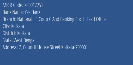 National I E Coop C And Banking Soc Ltd Head Office MICR Code