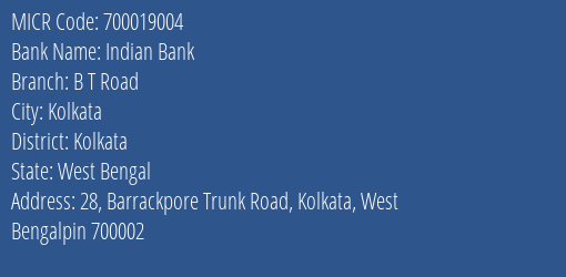 Indian Bank B T Road MICR Code