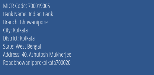 Indian Bank Bhowanipore MICR Code