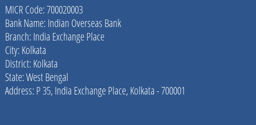 Indian Overseas Bank India Exchange Place MICR Code