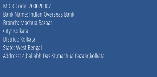 Indian Overseas Bank Machua Bazaar MICR Code