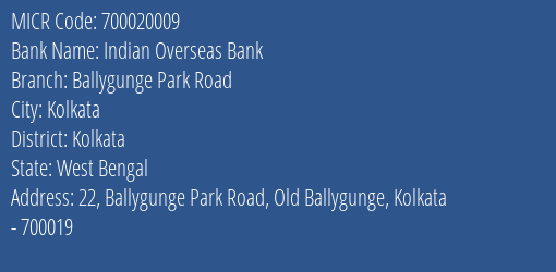 Indian Overseas Bank Ballygunge Park Road MICR Code