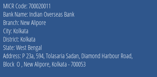 Indian Overseas Bank New Alipore MICR Code