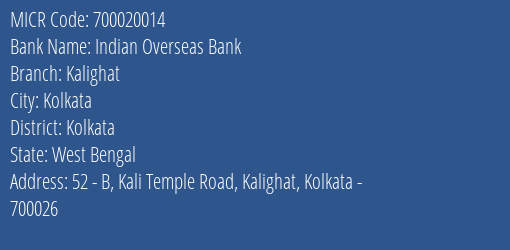 Indian Overseas Bank Kalighat MICR Code