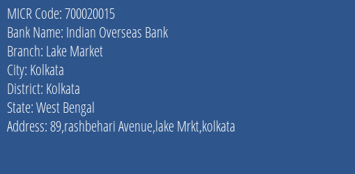 Indian Overseas Bank Lake Market MICR Code