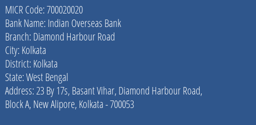 Indian Overseas Bank Diamond Harbour Road MICR Code
