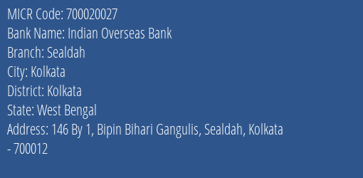 Indian Overseas Bank Sealdah MICR Code