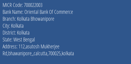 Oriental Bank Of Commerce Kolkata Bhowanipore MICR Code