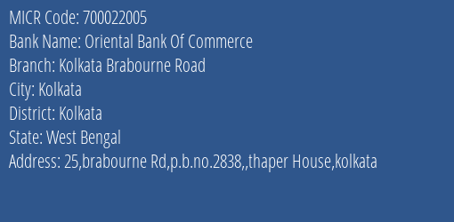 Oriental Bank Of Commerce Kolkata Brabourne Road MICR Code