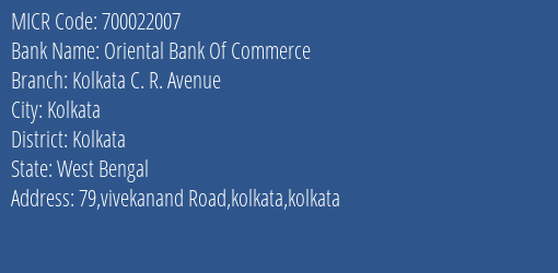 Oriental Bank Of Commerce Kolkata C. R. Avenue MICR Code
