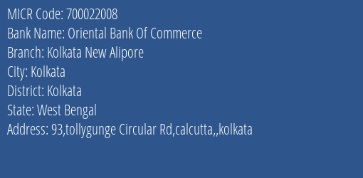 Oriental Bank Of Commerce Kolkata New Alipore MICR Code