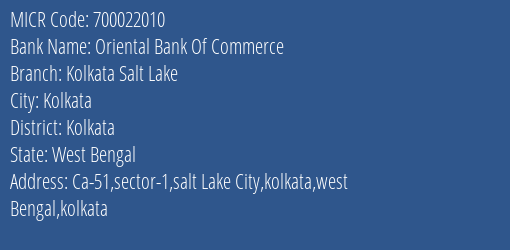 Oriental Bank Of Commerce Kolkata Salt Lake MICR Code