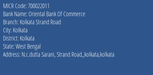 Oriental Bank Of Commerce Kolkata Strand Road MICR Code