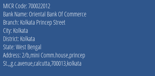 Oriental Bank Of Commerce Kolkata Princep Street MICR Code