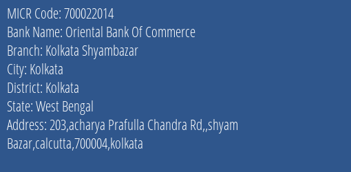 Oriental Bank Of Commerce Kolkata Shyambazar MICR Code