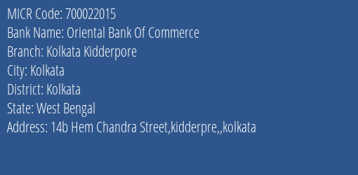 Oriental Bank Of Commerce Kolkata Kidderpore MICR Code