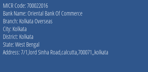Oriental Bank Of Commerce Kolkata Overseas MICR Code