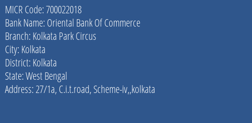 Oriental Bank Of Commerce Kolkata Park Circus MICR Code