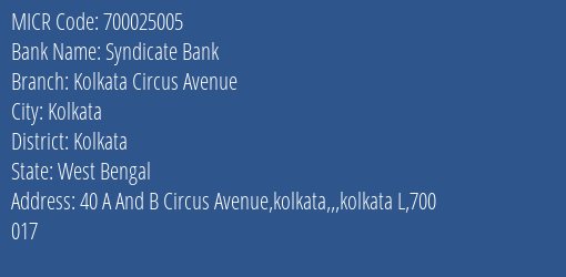 Syndicate Bank Kolkata Circus Avenue MICR Code