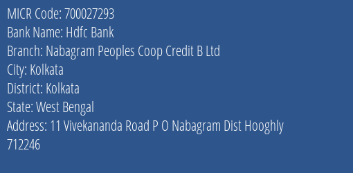 Nabagram Peoples Coop Credit B Ltd Kolkata MICR Code