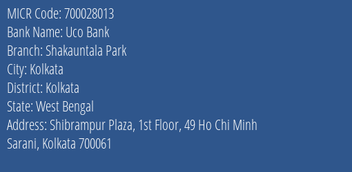 Uco Bank Shakauntala Park MICR Code