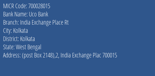 Uco Bank India Exchange Place Rt MICR Code