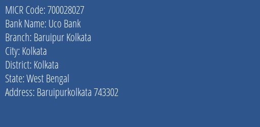 Uco Bank Baruipur Kolkata MICR Code