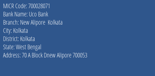 Uco Bank New Alipore Kolkata MICR Code