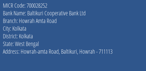 Baltikuri Cooperative Bank Ltd Howrah Amta Road MICR Code