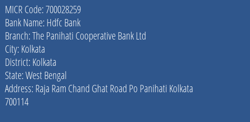 The Panihati Cooperative Bank Ltd Kolkata MICR Code