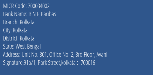 B N P Paribas Kolkata MICR Code