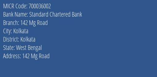 Standard Chartered Bank 142 Mg Road MICR Code