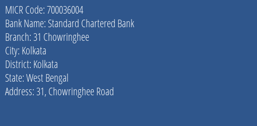 Standard Chartered Bank 31 Chowringhee MICR Code