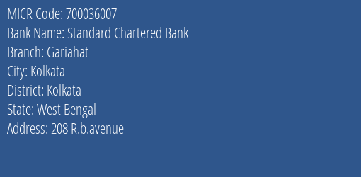 Standard Chartered Bank Gariahat MICR Code