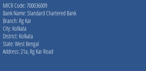Standard Chartered Bank Rg Kar MICR Code