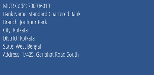 Standard Chartered Bank Jodhpur Park MICR Code