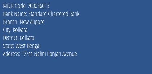 Standard Chartered Bank New Alipore MICR Code